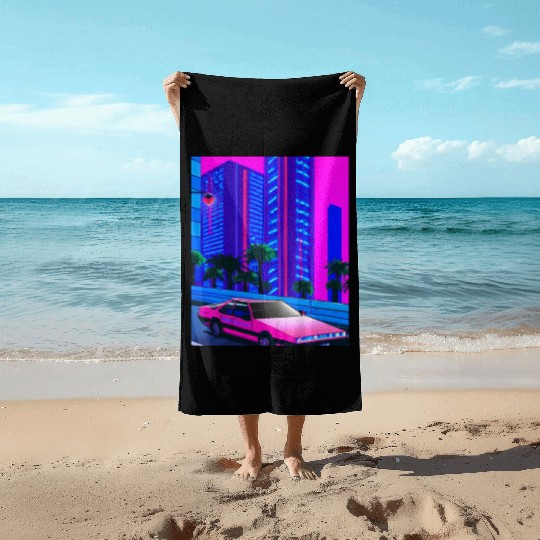 Vaporwave Car Synthwave City Beach Towels