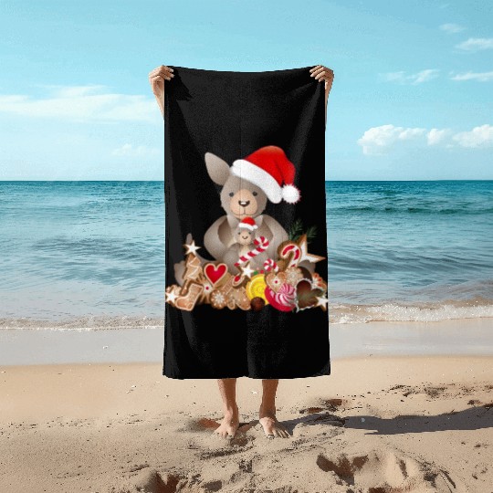 cute kangaroo for christmas with santa hat Beach Towels