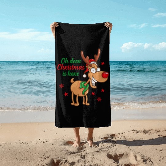 Reindeer Rudolph deer Christmas Is Here Beach Towels