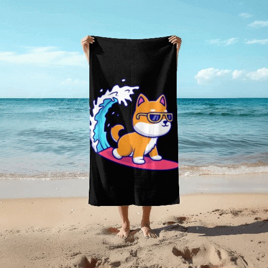 Cute Shiba Inu Dog Surfing in Sea Beach Towels