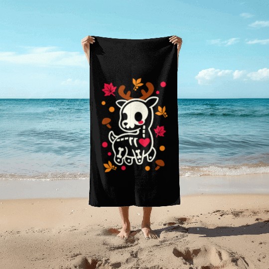 deer leaves skeleton Beach Towels