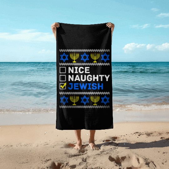 Nice Naughty Jewish Ugly Hanukkah Sweater Chanukah Beach Towels