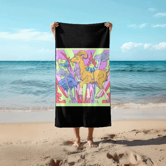A goat and a fish in a fantasy garden Beach Towels