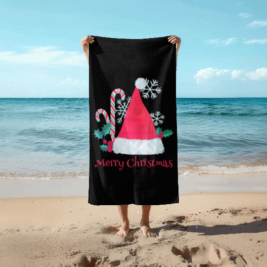 Santa Hat and Candy Canes for Christmas Beach Towels