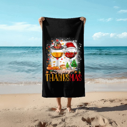 Merry Thanksmas Santa Hat Thanksgiving Christmas Beach Towels