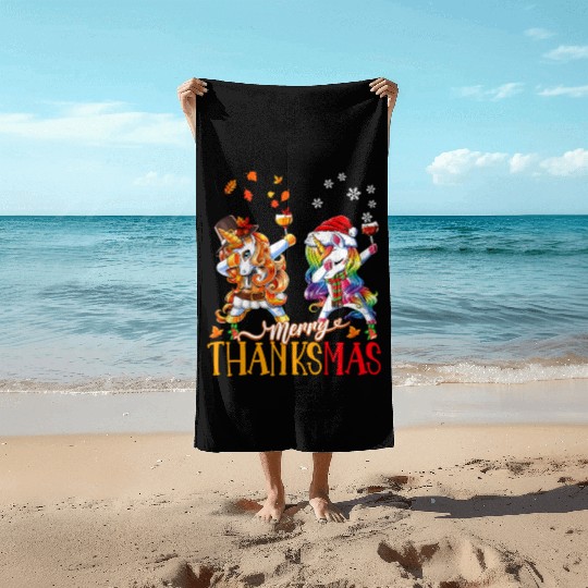 Merry Thanksmas funny unicorn Thanksgiving xmas Beach Towels