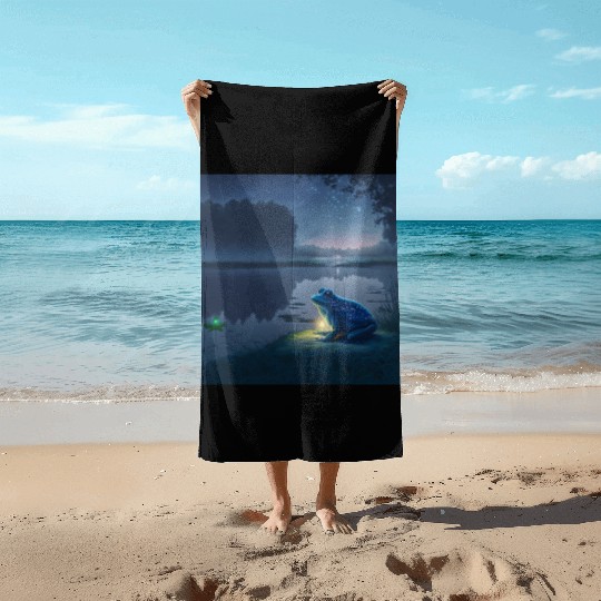Blue Frog and Firefly on a pond at Night Beach Towels