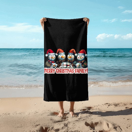 Snowmen in christmas coral, image for end of year, Beach Towels