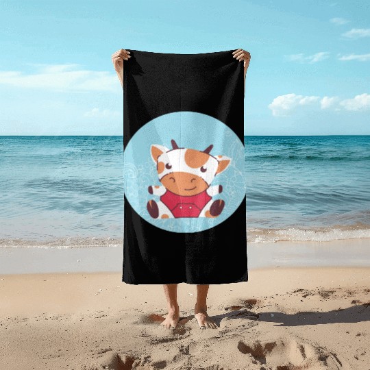 kawaii baby cow for farmers and farm animal lovers Beach Towels