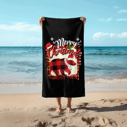 Merry Christmas Vintage Black Buffalo Plaid bear Beach Towels