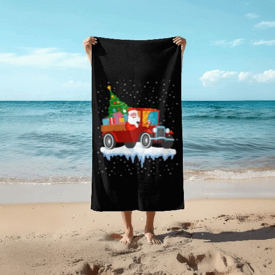 Red jeep pine tree Funny Merry Christmas family Beach Towels
