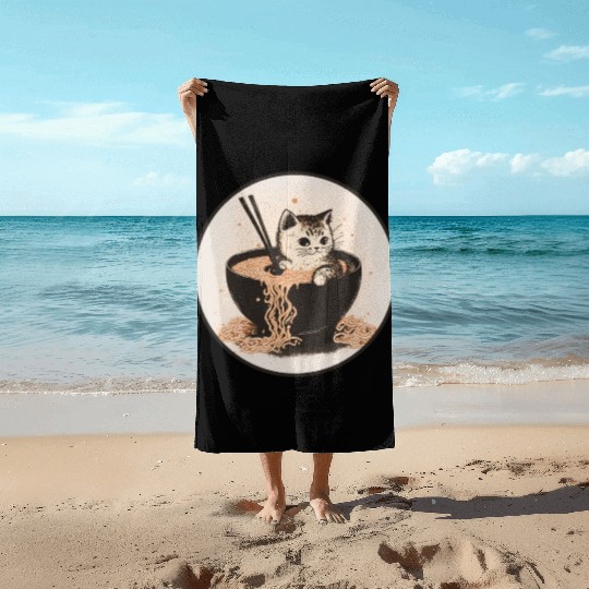 Cat Cat Ramen Noodles Cute Kitten Noodle Soup Beach Towels