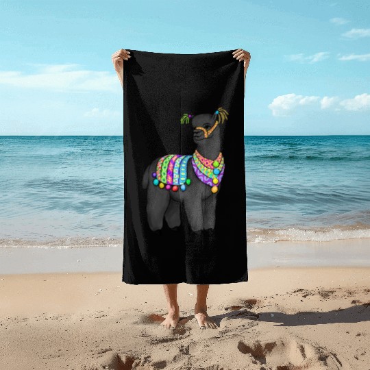 Black Alpaca in Peruvian folk colors and tassels Beach Towels