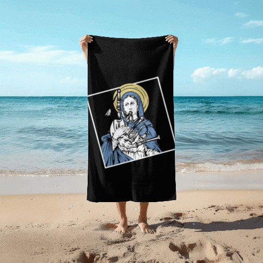 Mary Mother of Jesus Playing Bagpipes - Funny Beach Towels
