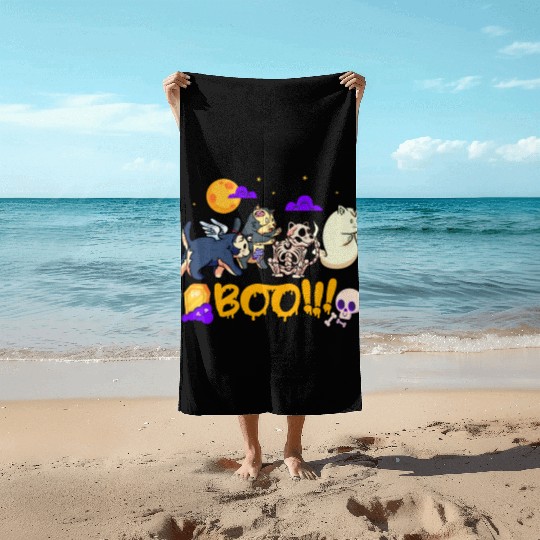 Boo! | Spooky Funny Halloween | Mummy Skeleton Beach Towels