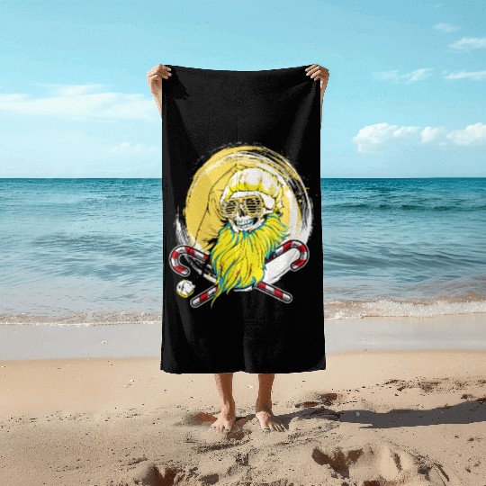 skull santa hat candy cane crew Beach Towels