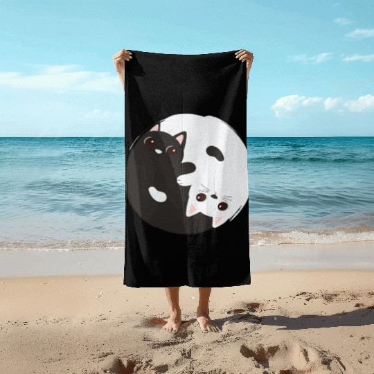 ying yang cat Beach Towels