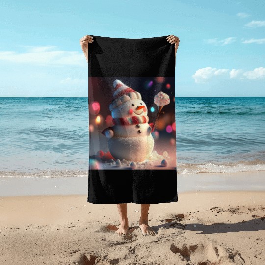 Snowman holding Candy Beach Towels