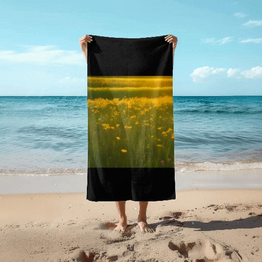 Lovely Yellow Flowers and Green Grass Beach Towels