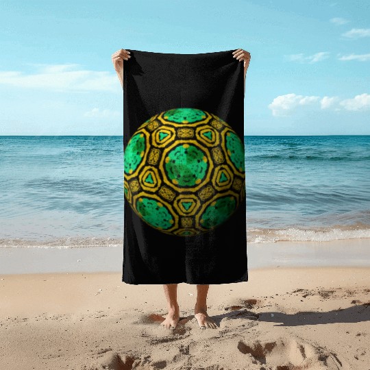 Green 3D Sphere with Gold Symmetric Shapes Beach Towels