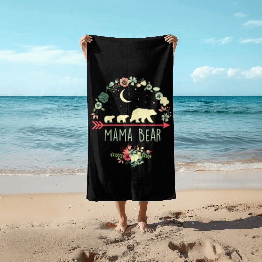 Floral Mama Bear With 2 Cubs Beach Towels