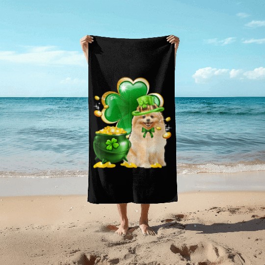 Pomeranian Dog Shamrock St Patricks Day Beach Towels