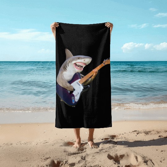 Shark jamming on an electric guitar Beach Towels