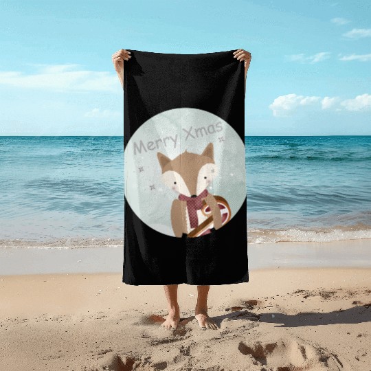 cute fox for Christmas with candy cane Beach Towels