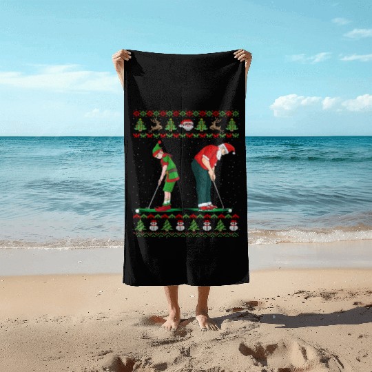 Golf Elf Golfer Ugly Christmas Santa Claus Golfing Beach Towels