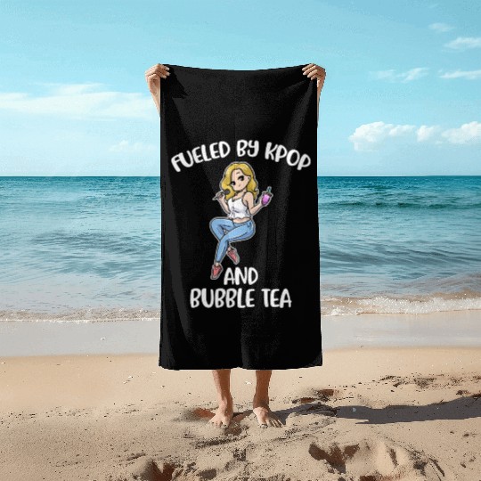 Fueled By Kpop And Bubble Tea Funny Kpop Gift Beach Towels