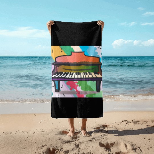 A beautiful piano in front of a colorful rainbow Beach Towels