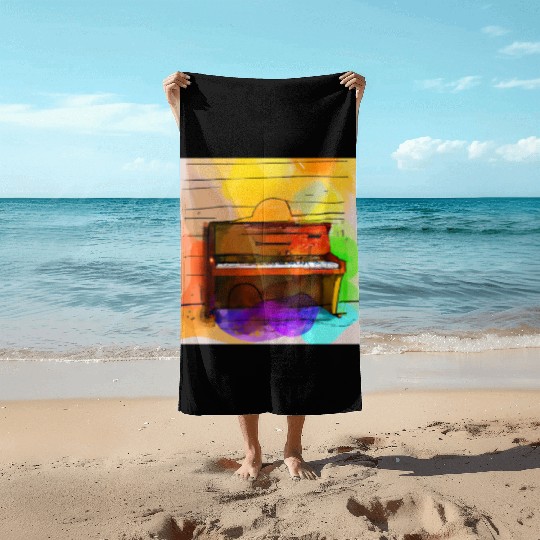 A beautiful piano in front of a colorful wall Beach Towels