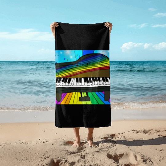piano in front of a colorful rainbow Beach Towels