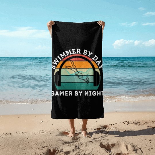 Swimmer By Day Gamer By Night Beach Towels