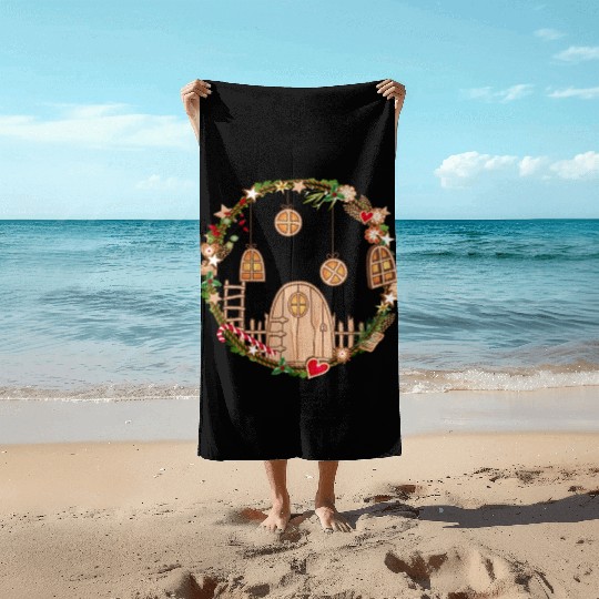 Elf door in Christmas wreath for Christmas Beach Towels