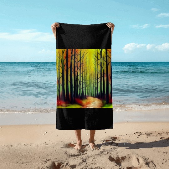 Sunset watercolor forest Beach Towels