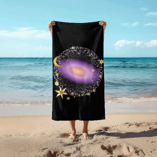 glowing violet galaxy with moon and stars Beach Towels