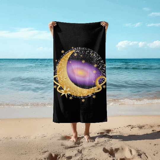 glowing violet galaxy with moon and stars Beach Towels