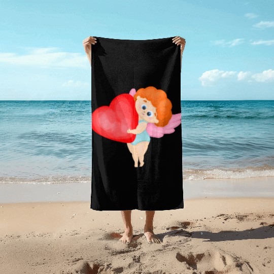 Lovely cupids. Cupid with a red heart Beach Towels