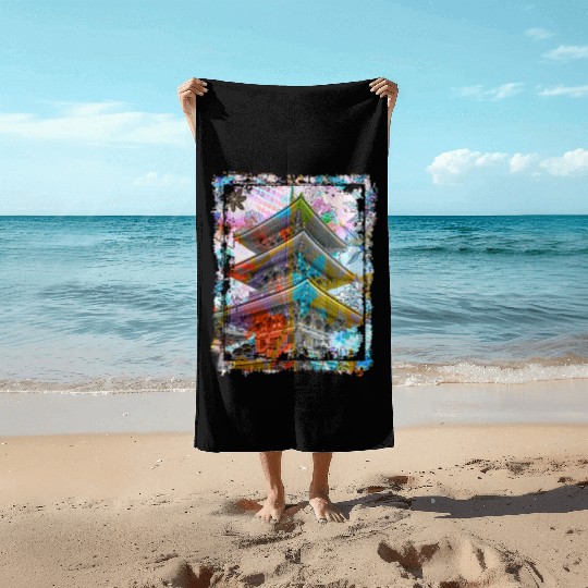 Japan Pagoda Cherry Blossoms Collage Art 70 Beach Towels