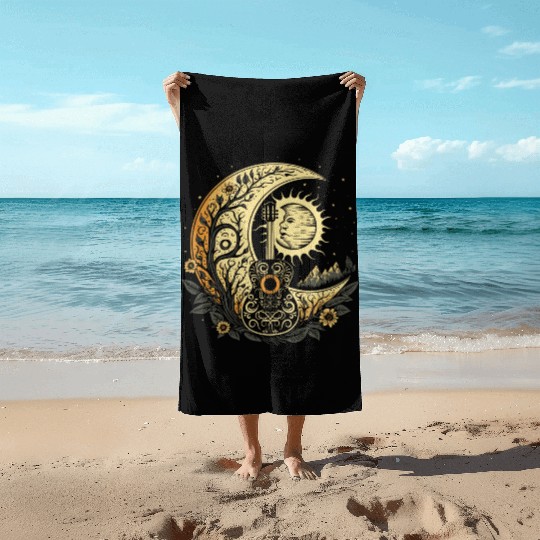 Cottagecore Acoustic Guitar With Moon, Sun, Stars Beach Towels