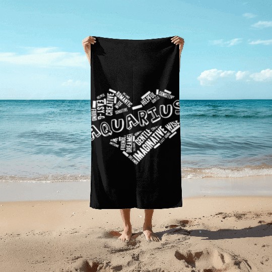 Aquarius Heart Word Cloud Doodle Astrology Zodiac Beach Towels
