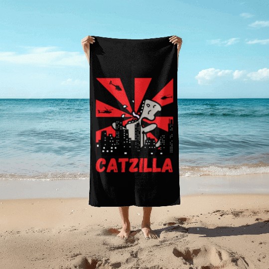 Catzilla funny cat Japanese Sunset Beach Towels