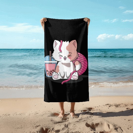 Chibi Boba Tea Cat Beach Towels