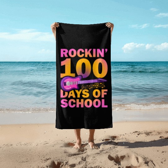 Rockin 100 Days Of School Guitarist Musician Beach Towels