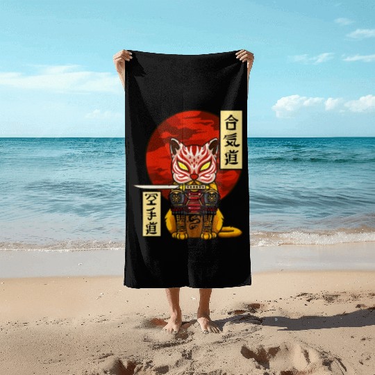 Samurai Cat Beach Towels