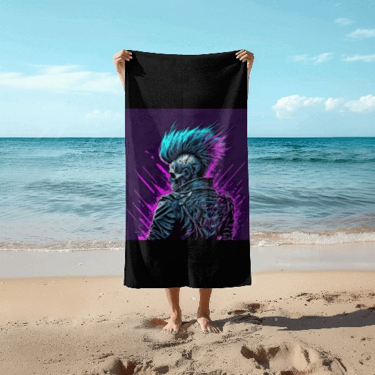 Synthwave Zombie Skull Beach Towels
