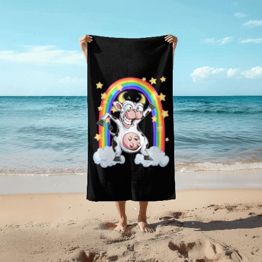 Rainbow cow crazy dancing fun funny Beach Towels