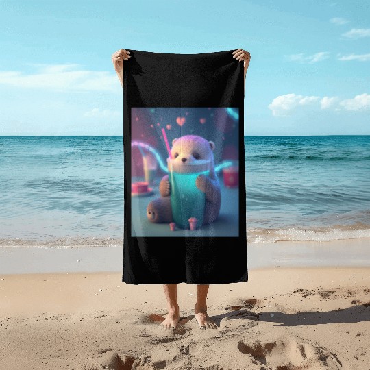 Kawaii Otter Pet Otter Drinking Boba Tea Beach Towels