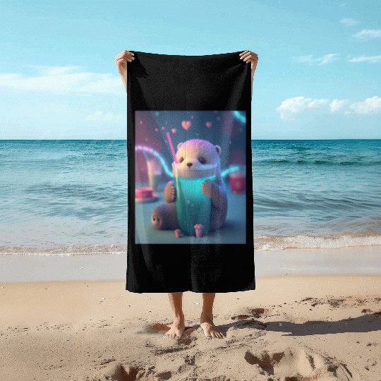 Kawaii Otter Pet Otter Drinking Boba Tea Beach Towels